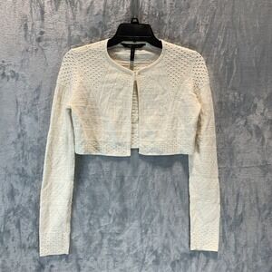 BCBG Max Azria Cardigan Sweater XXS Ivory Silk Blend Cropped Long Sleeve Crochet